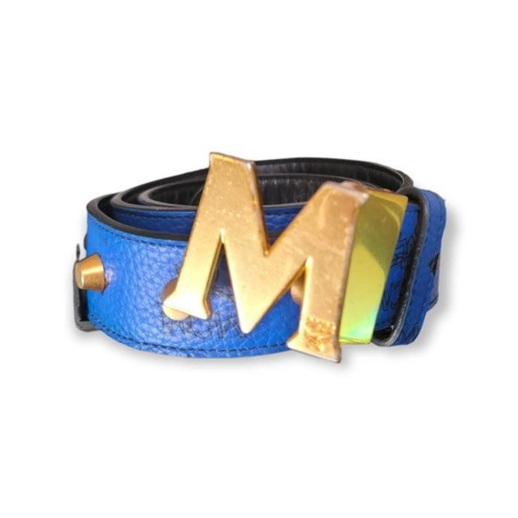 MCM Women\'s Blue & Gold Leather \'M\' Buckle Belt Fit All Sizes main image 5